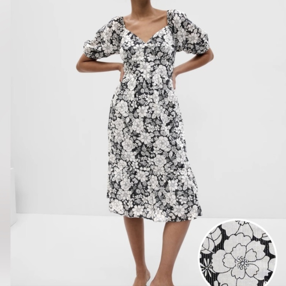 GAP Black and White Sweetheart Puff Sleeve Midi Dress